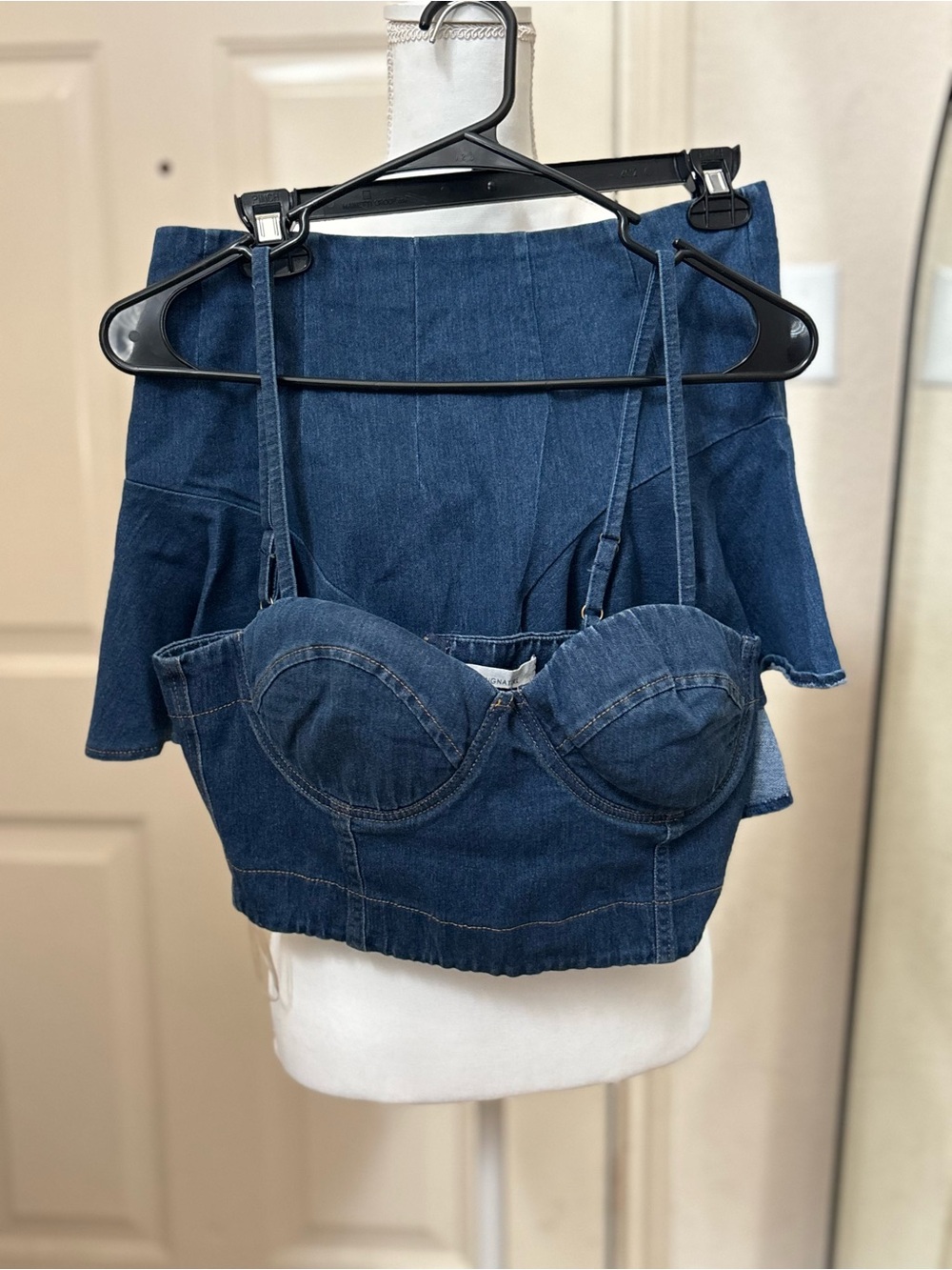 2 Pieces Denim Bustier Crop Top and Skirt- Dark Blue
